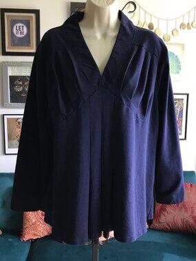 PYRAMID COLLECTION size 1X Navy Blue Stretch Knit V-Neck Pleated Pullover Top